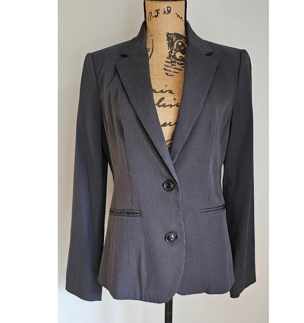 Mango Pinstripe Suit Blazer, 2 Button, Lapel Collar, Faux Pockets, Womens Sz 8